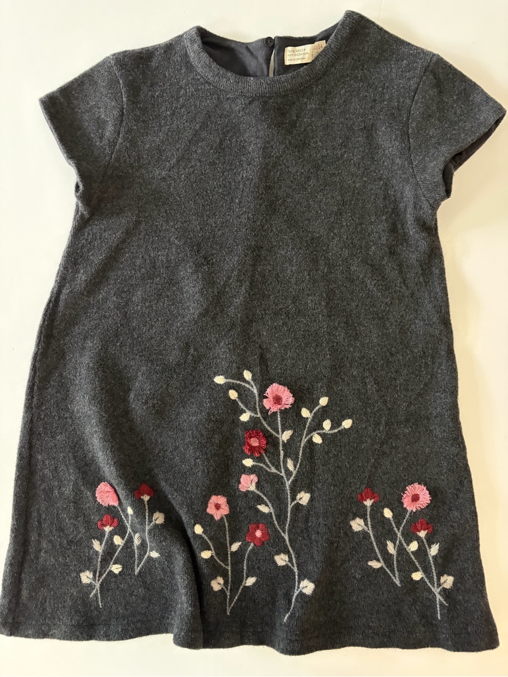Zara Girls Soft Collection Gray Knit Dress With Embroidered Flowers 12/13Y